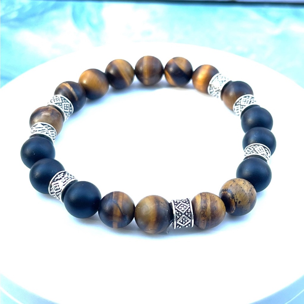 Handmade Men's Black and Brown Beaded Gemstone Stretch Bracelet